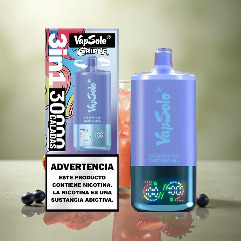 Vapsolo Triple 30000 Puffs Fresa Sandía & Arándano Hielo con 40ml de E-Líquido y Nicotina 50mg/ml