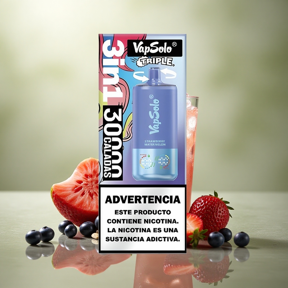 Vapsolo Triple 30000 Puffs Fresa Sandía & Arándano Hielo con 40ml de E-Líquido y Nicotina 50mg/ml