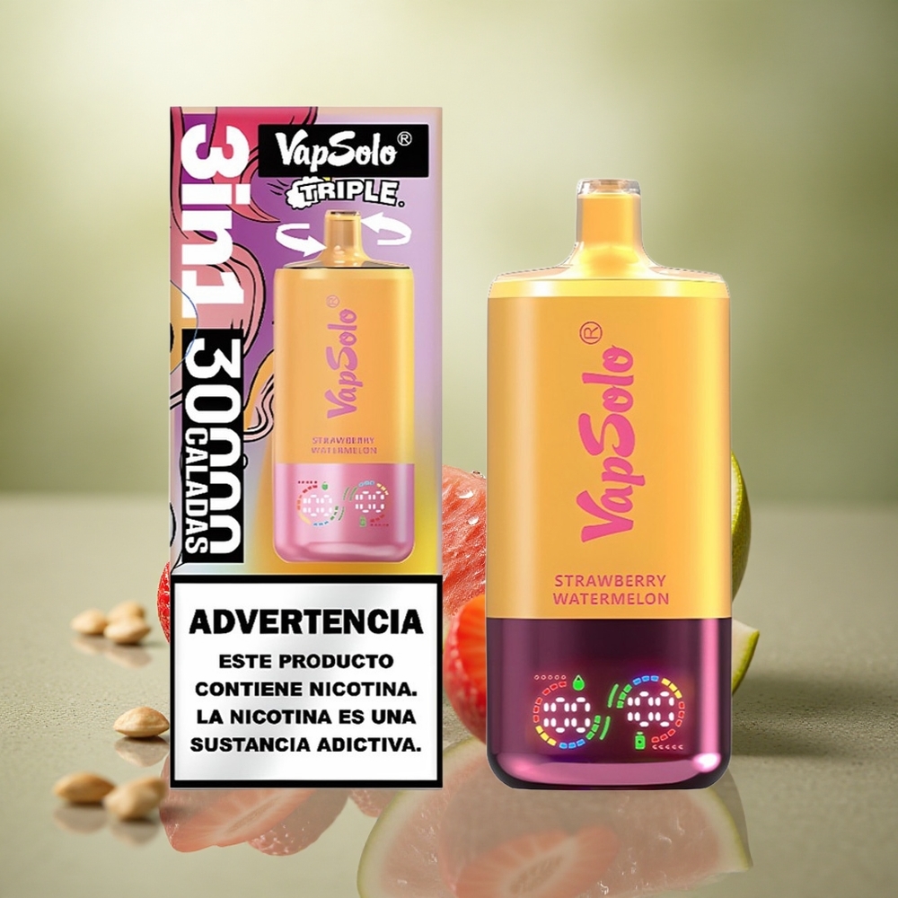 Vapsolo Triple 30000 Puffs Fresa Sandía & Limón Melocotón - Tipo-C, 40ml, Nicotina 20mg/ml