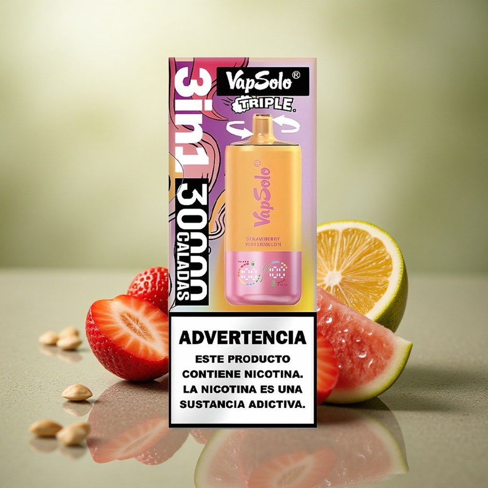Vapsolo Triple 30000 Puffs Fresa Sandía & Limón Melocotón - Tipo-C, 40ml, Nicotina 20mg/ml